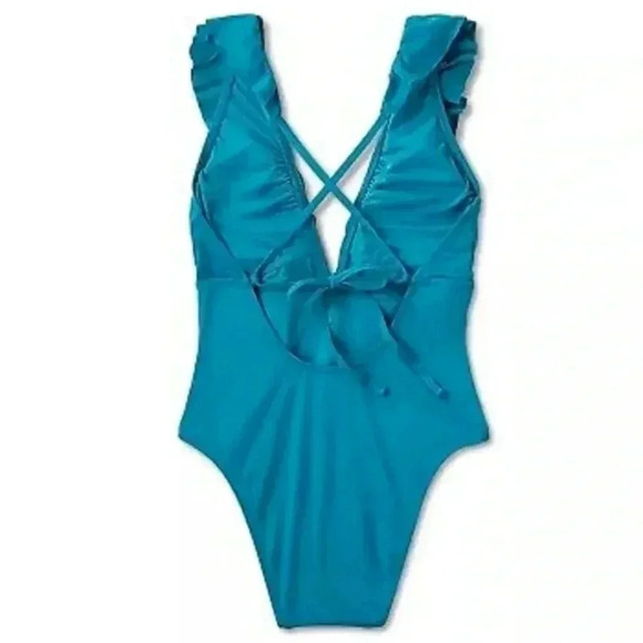SHADE & SHORE - WOMEN'S ONE-PIECE TEAL CHEEKY SWIMSUIT RUFFLES STRAPS L (12-14) - Picture 4 of 14